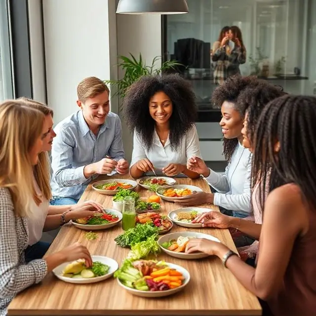 A diverse group of office colleagues enjoying a healthy NourishNow lunch together.