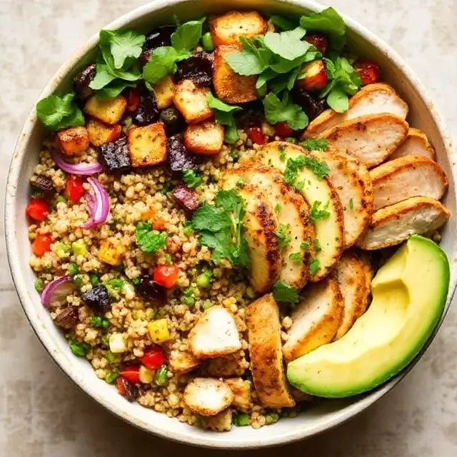 A colourful Quinoa Power Bowl with roasted vegetables, avocado, and chicken.