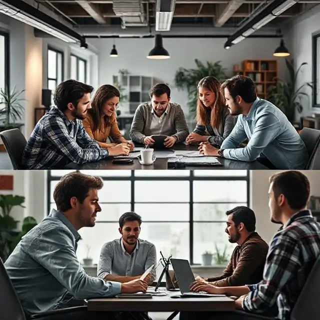 A collage of the founding team brainstorming in a startup office.
