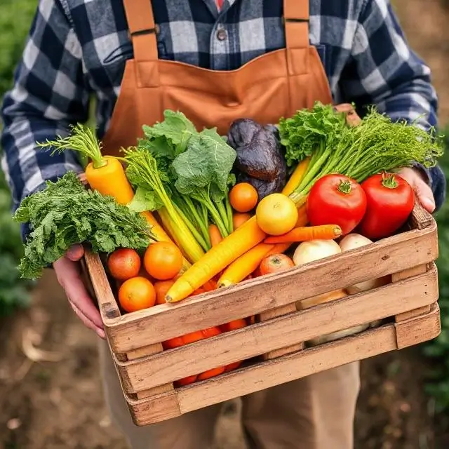 A farmer holding a crate of fresh, colourful vegetables.