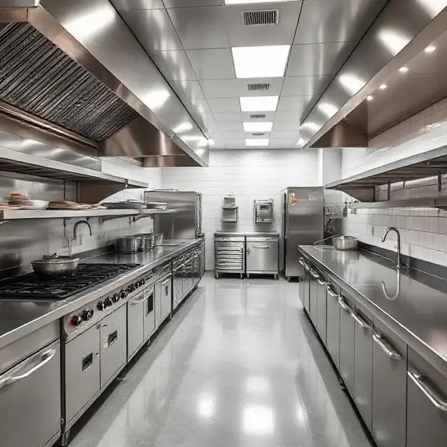 A pristine, modern commercial kitchen with stainless steel surfaces.