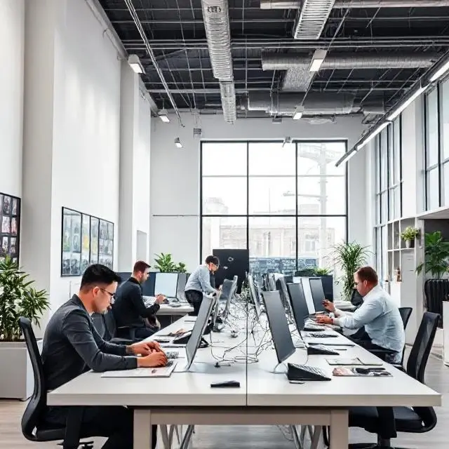 A modern, open-concept tech office with engineers at work.