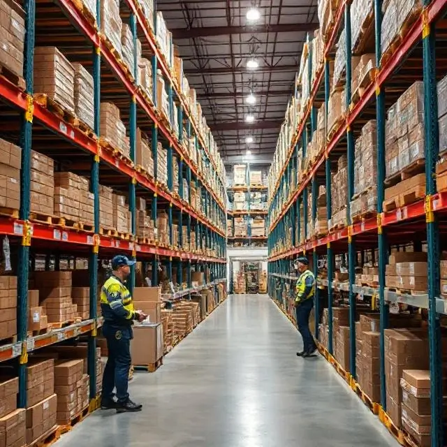 A warehouse with organized shelves and logistics personnel.