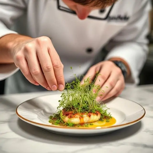 A chef meticulously arranging microgreens on a plated dish.
