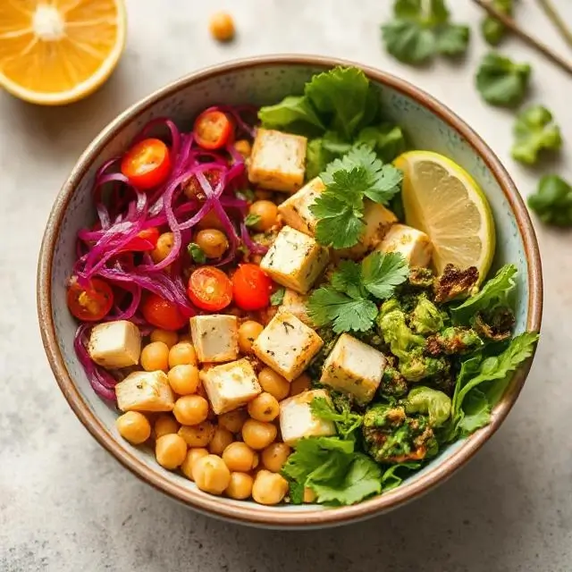 A vibrant vegan bowl with tofu, chickpeas, and fresh vegetables.