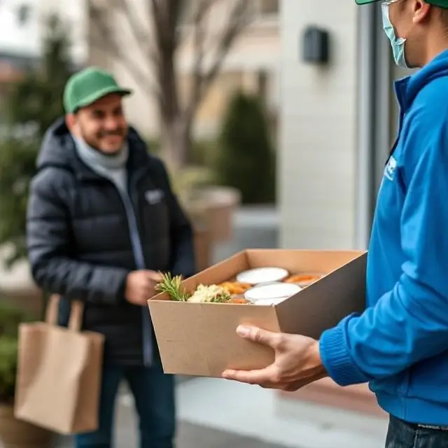 A delivery person handing a box of meals to a customer.