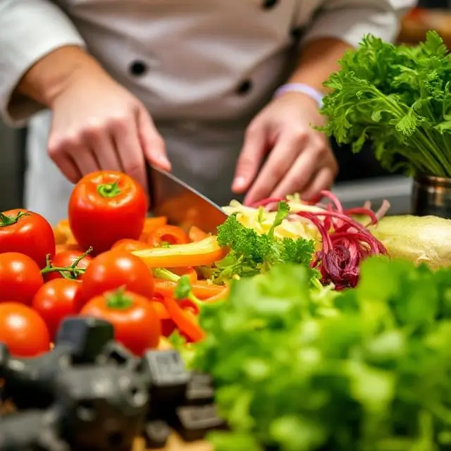 A close-up shot of fresh, vibrant vegetables being prepared by a chef.