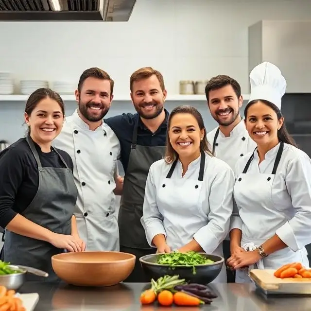 Diverse team of chefs and nutritionists smiling in a modern kitchen.